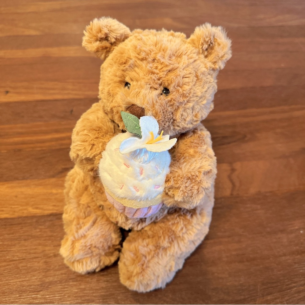 Cute Brown Teddy Bear Plush Holding Cupcake Soft Kawaii Stuffed Toy Gift